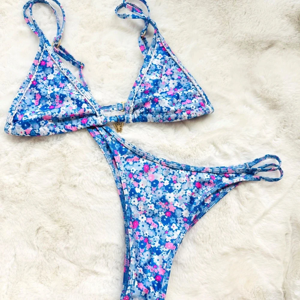 Kulani Kinis Blue Floral Triangle Bikini Set Small Womens